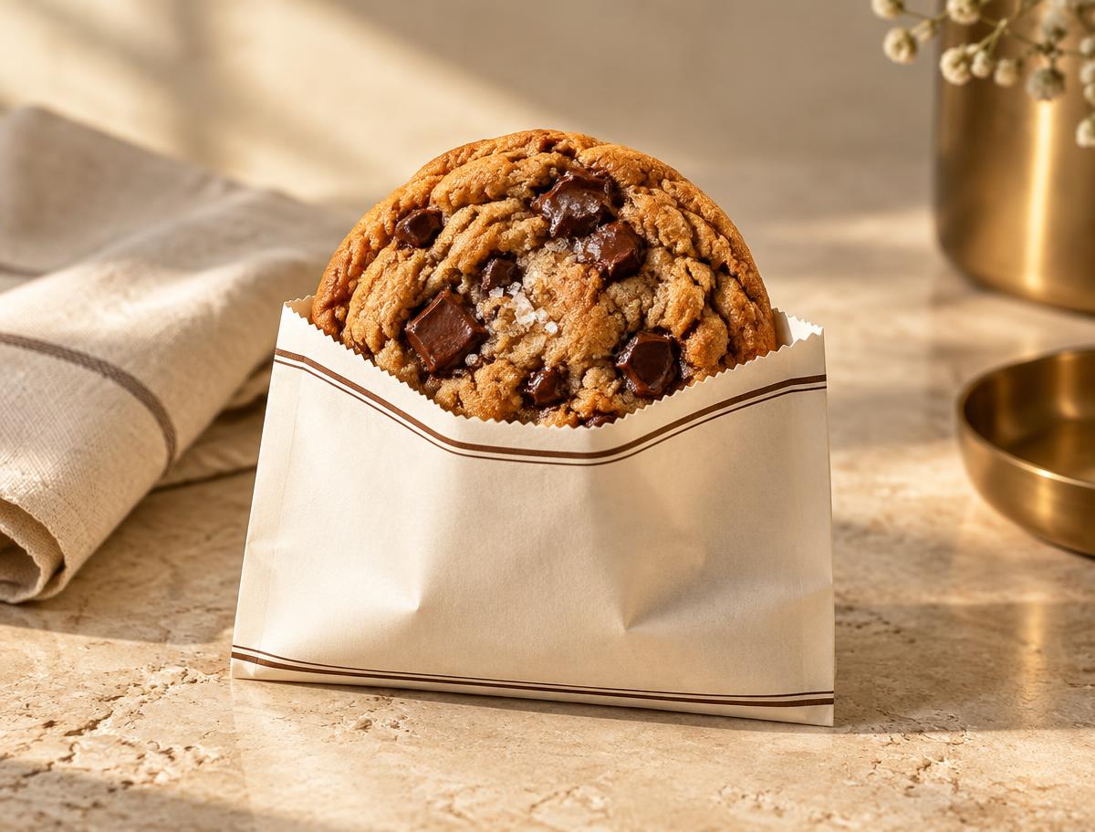 Single warm chocolate chunk cookie served in the signature Good Sleeve