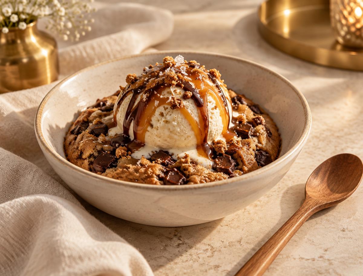 Warm cookie served in The Good Bowl with vanilla ice cream, drizzle, and curated toppings